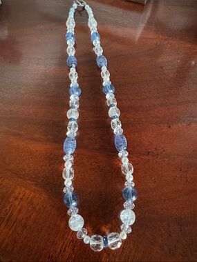 Beaded Ice Blue Glass Crystal & Pearl Single Strand Necklace Floral Toggle clasp